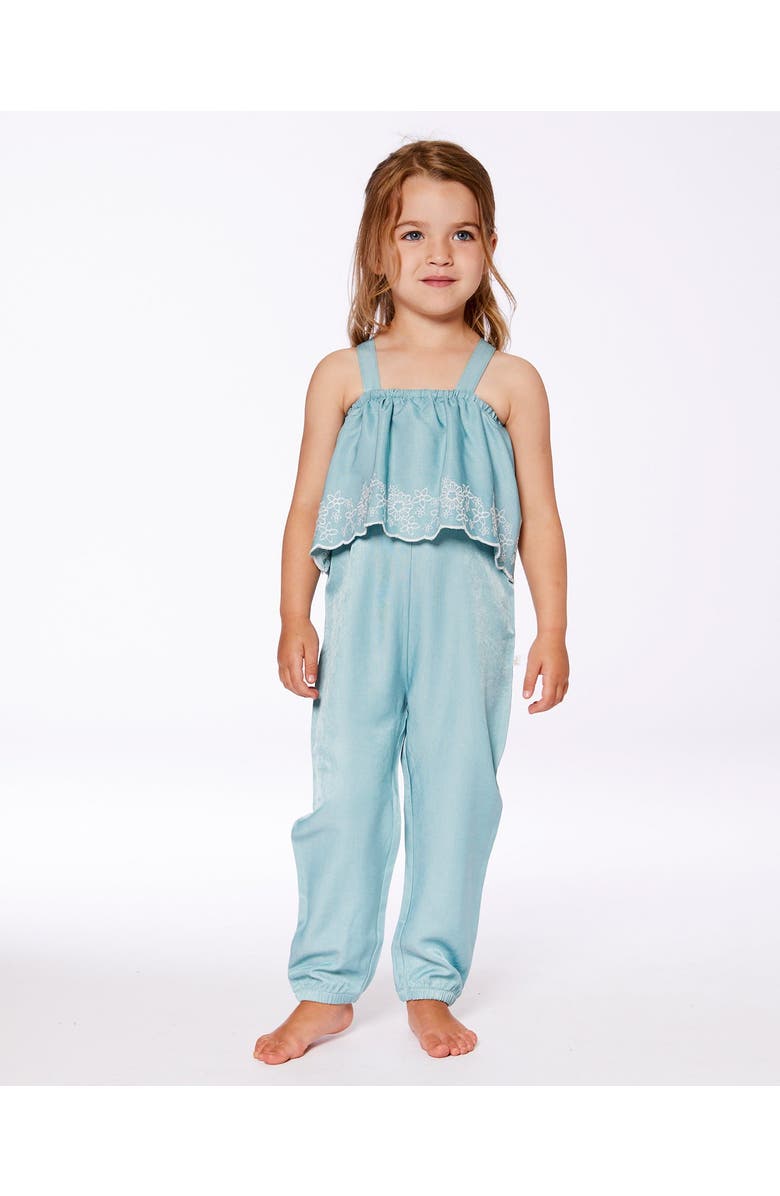 Deux par Deux Little Girl's Chambray Jumpsuit With Embroidery Light Blue, Alternate, color, Light Blue