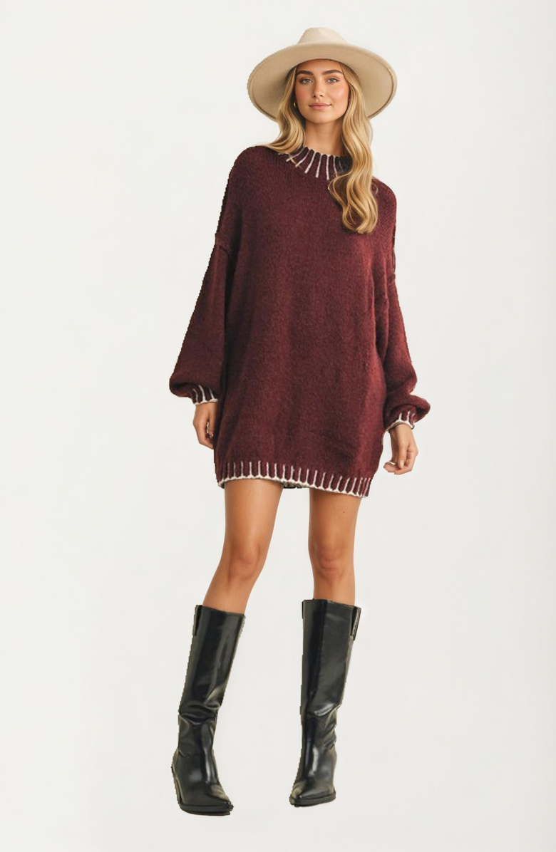 Knit and Lounge Oversized Contrast Trim Sweater, Alternate, color, Maroon