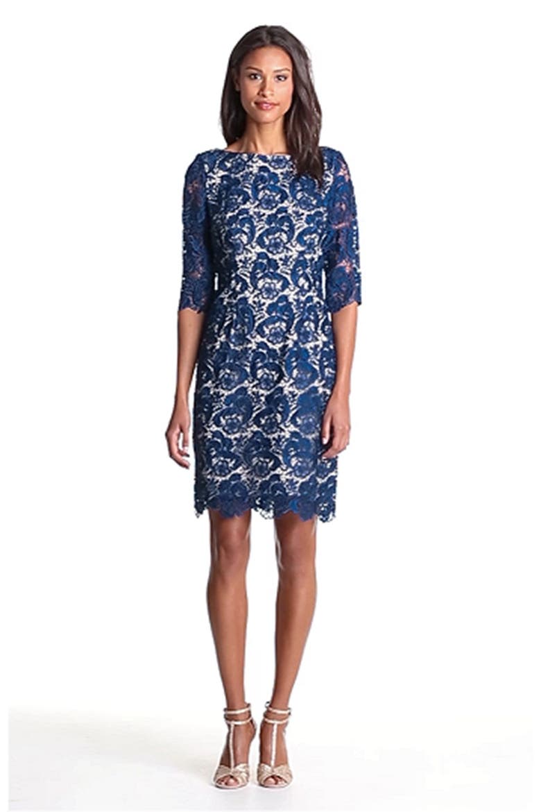 Embroidered Lace Overlay Sheath Dress, Alternate, color, NAVY