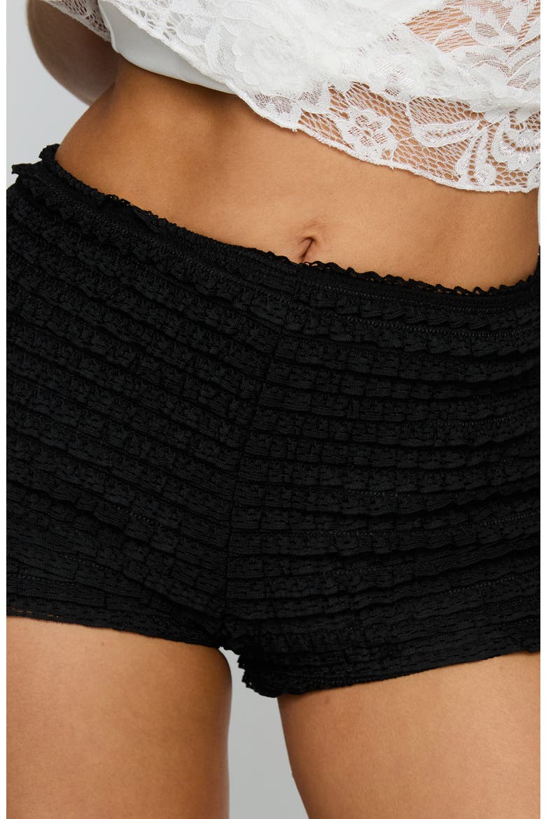 Think Fast Ruffle Lace Micro Shorts, Alternate, color, BLACK