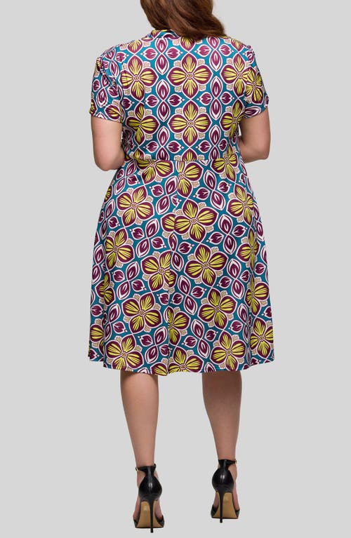 24seven Comfort Apparel Plus Size Print Short Sleeve Knee Length V-neck Wrap Dress In Yellow Multi