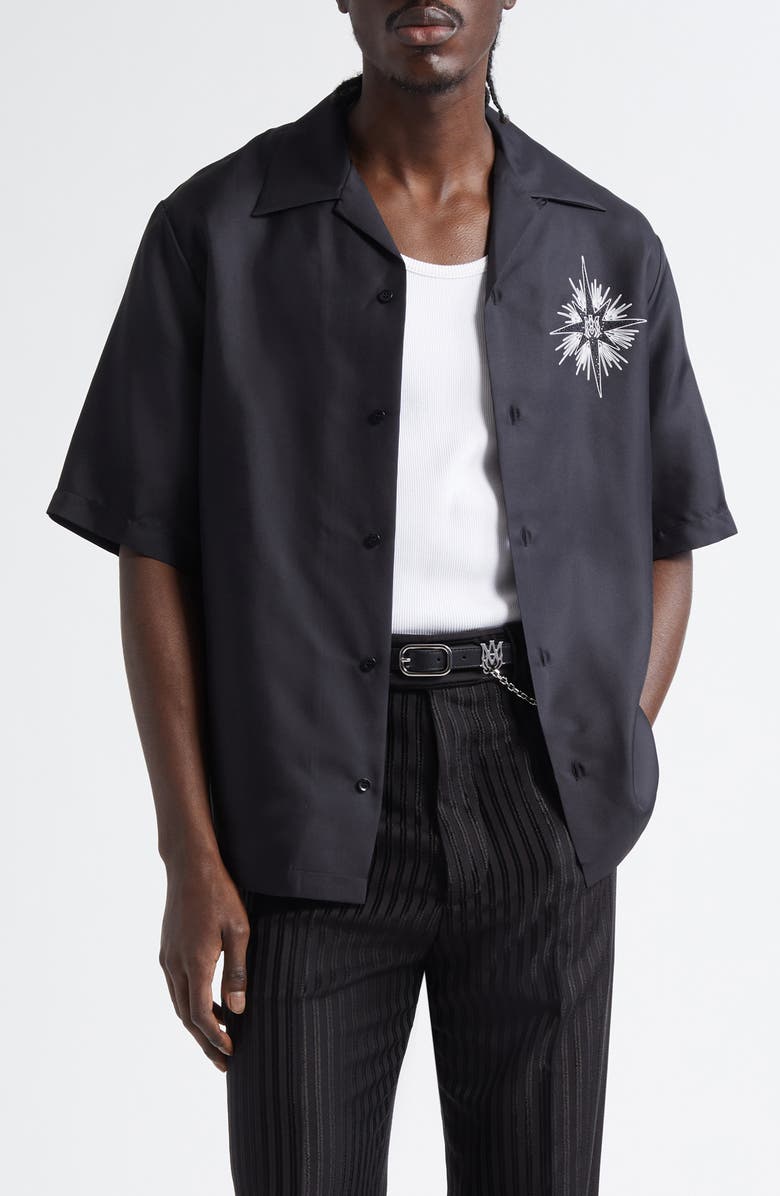 AMIRI Starburst Crystal Silk Camp Shirt, Main, color, 