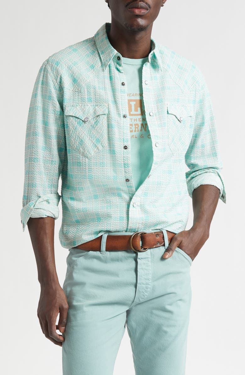 Double RL Slim Fit Plaid Seersucker Western Snap-Up Shirt, Main, color, Turquoise Multi -
