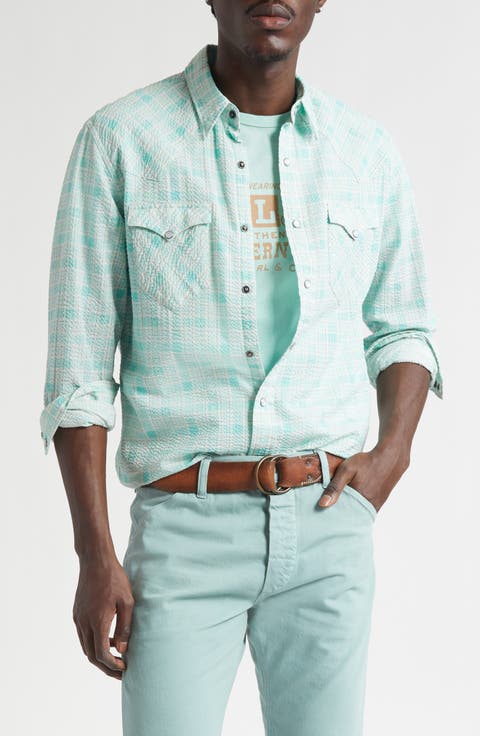 Slim Fit Plaid Seersucker Western Snap-Up Shirt