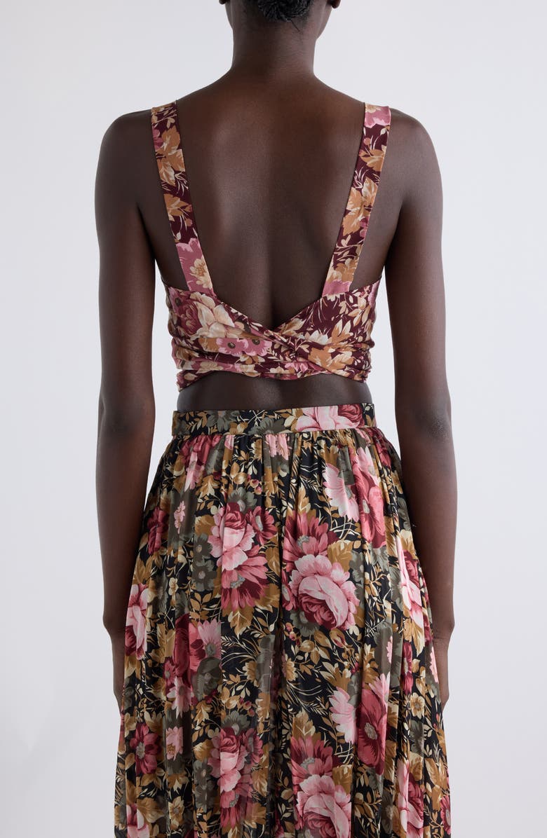 Chloé Floral Print Tie Front Silk Twill Crop Top, Alternate, color, Maroon Pink