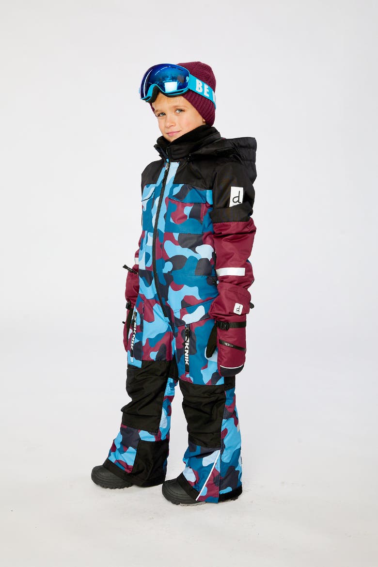 Teknik Camouflage Fleece Lined & Reinforced Knees One Piece Snowsuit, Alternate, color, Blue and Red Camouflage
