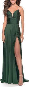 La Femme Versatile Long Jersey Gown with V and Slit
