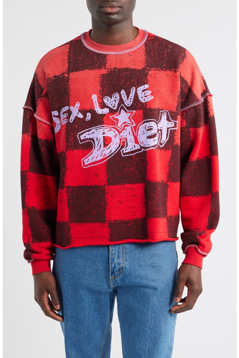 Sex, Love & Diet Checkerboard Crop Crewneck Sweatshirt, Main, color, CHECKERED RED