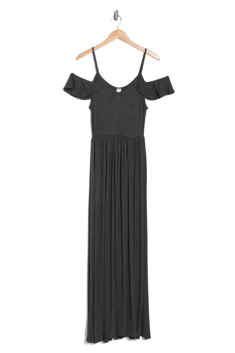 Ruffle Cold Shoulder Maxi Dress, Alternate, color, CHARCOAL