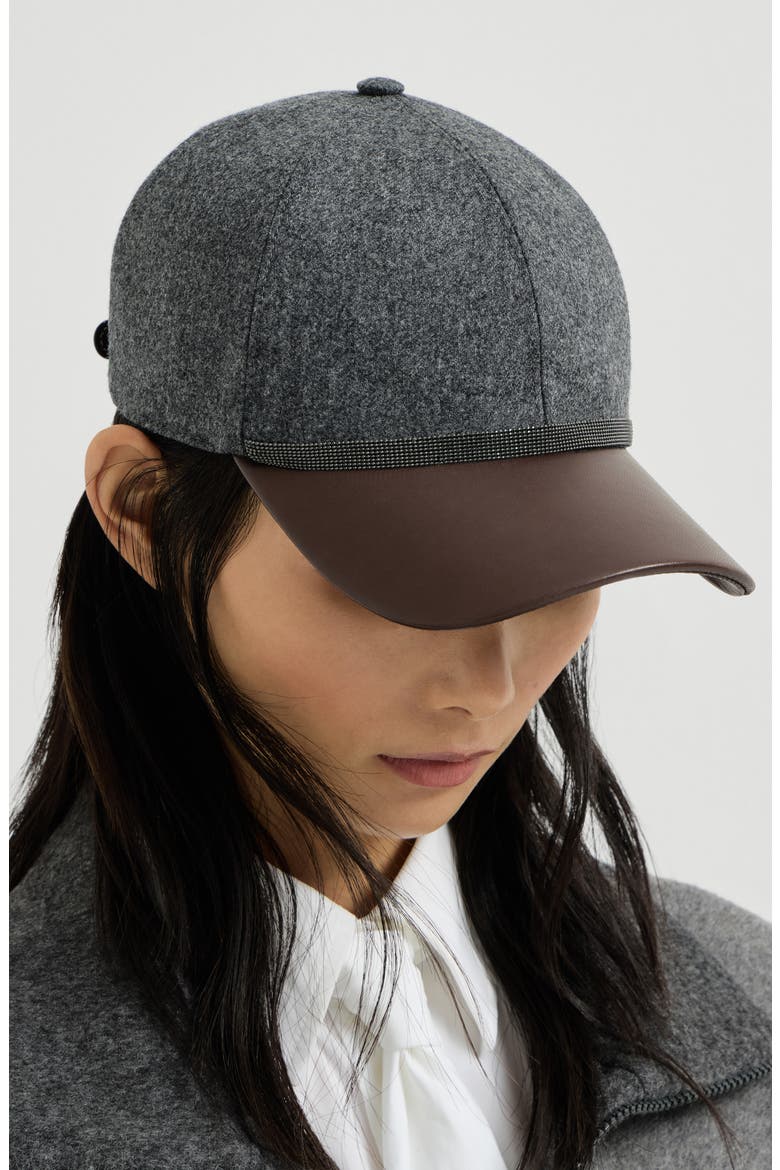 Virgin wool flannel and nappa leather baseball cap with shiny band, Alternate, color, Dark Grey