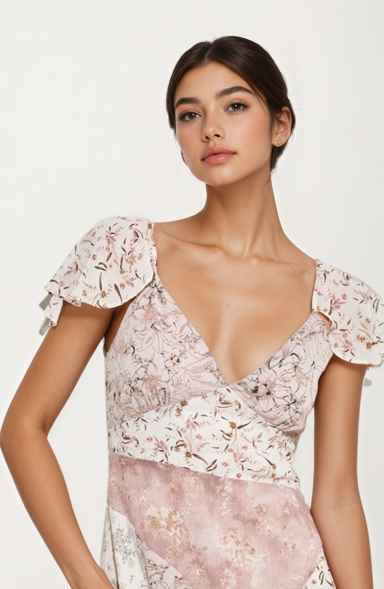 Knit and Lounge Flutter Sleeve Maxi Dress with Patchwork Design, Alternate, color, 