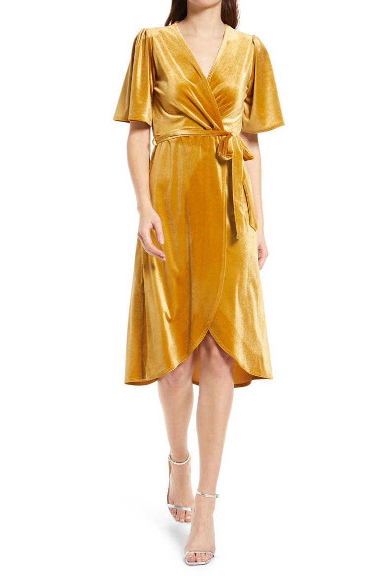 Velvet Faux Wrap Dress, Main, color, GOLD