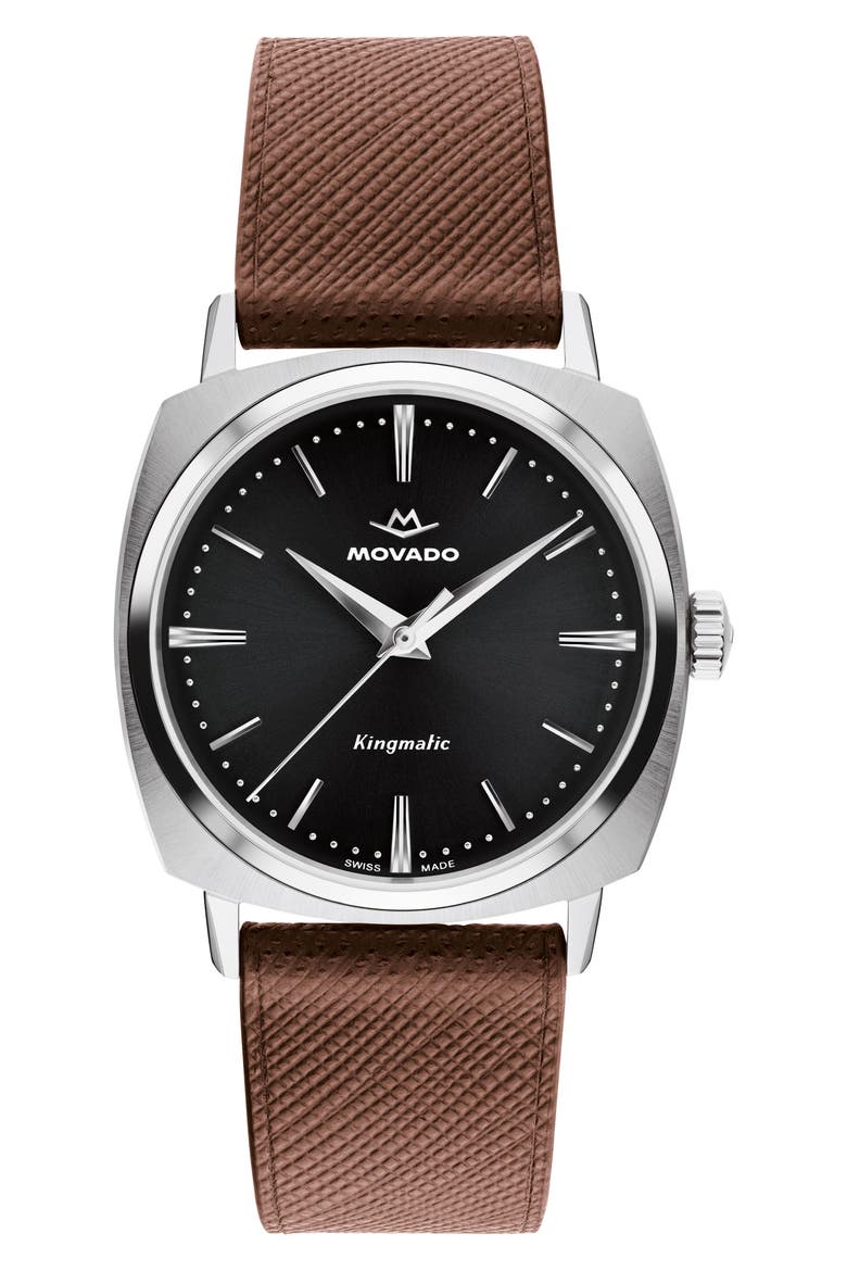 Kingmatic Automatic Leather Strap Watch, 35mm, Main, color, BLACK