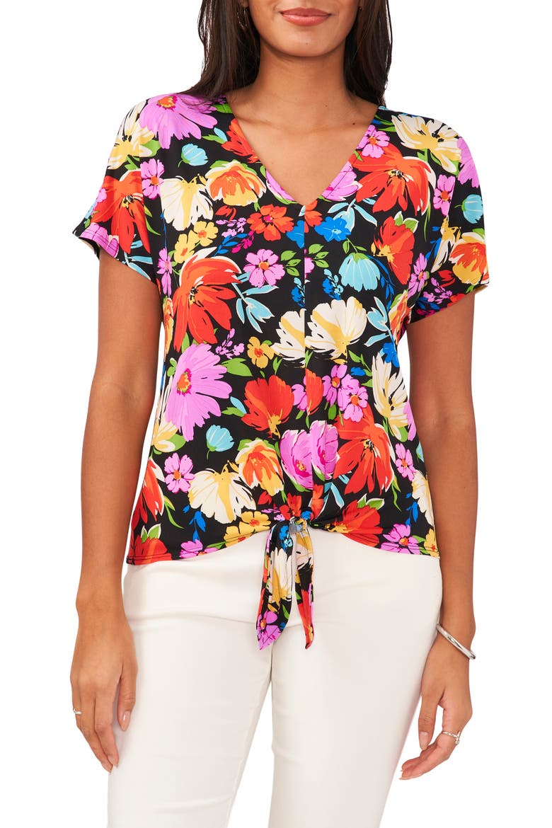 Floral V-Neck Tie Front Top, Main, color, BLACK
