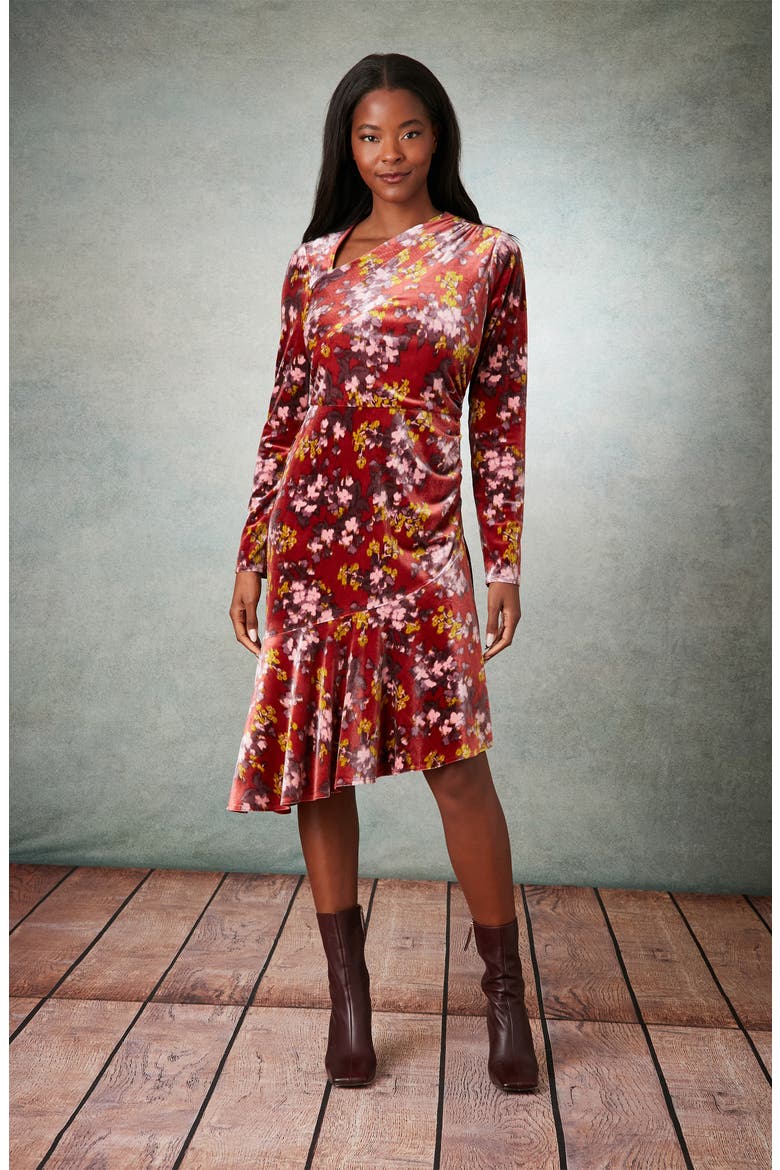 Floral Long Sleeve Ruched Asymmetric Velour Dress, Alternate, color, RED MULTI