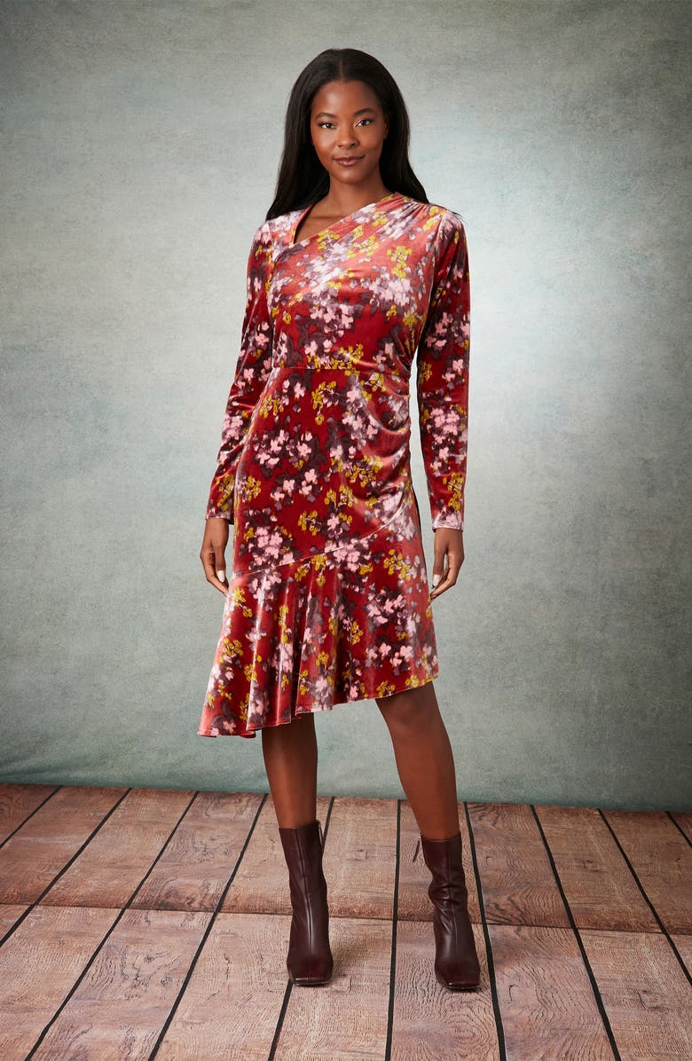 London Times Floral Long Sleeve Ruched Asymmetric Velour Dress, Alternate, color, Red Multi