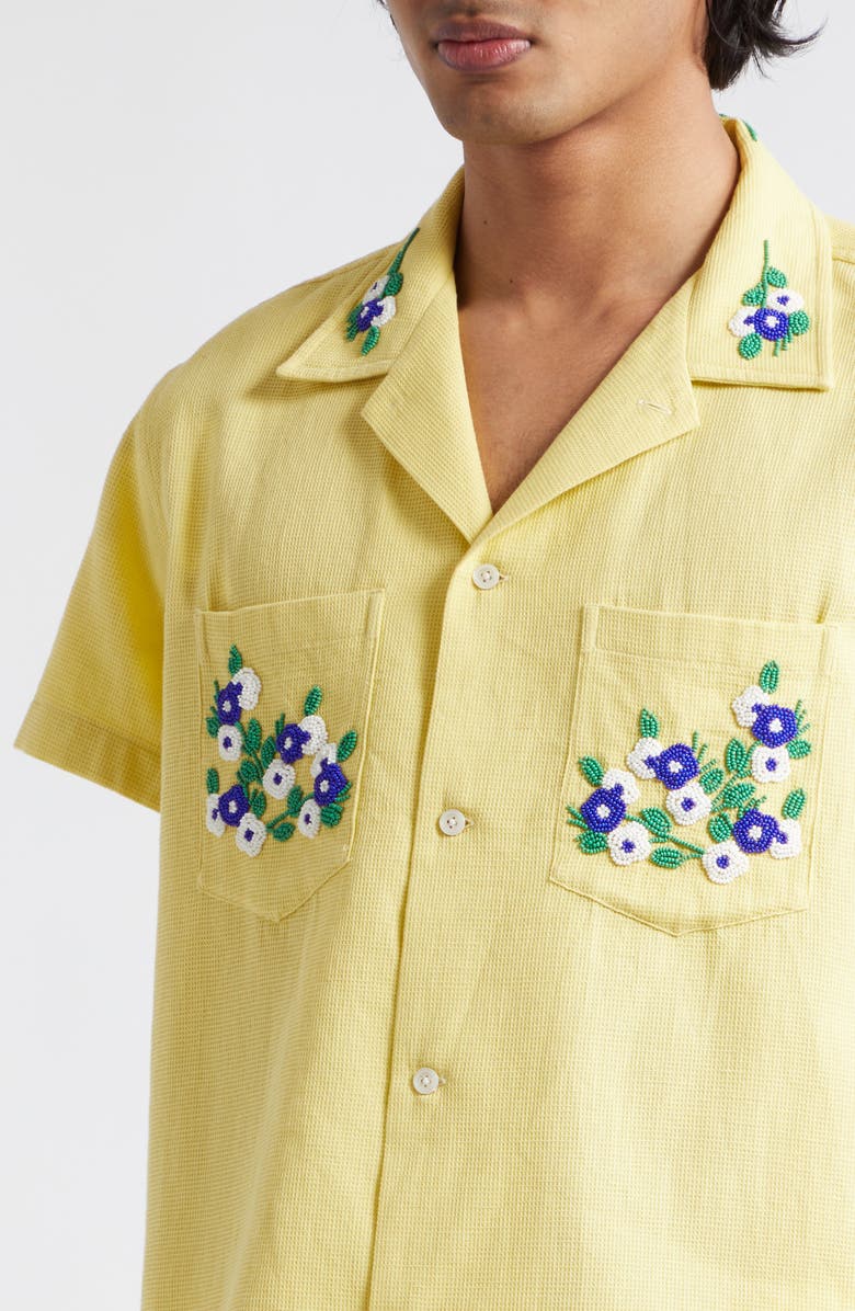 Bode Beaded Flower Short Sleeve Cotton Corduroy Button-Up Shirt, Alternate, color, 
