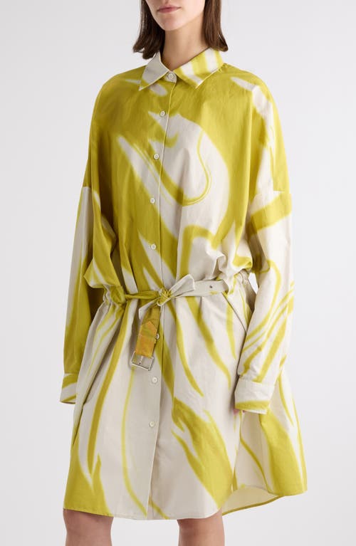 Dries Van Noten Dindi Print Belted Long Sleeve Cotton Poplin Shirtdress In Lime