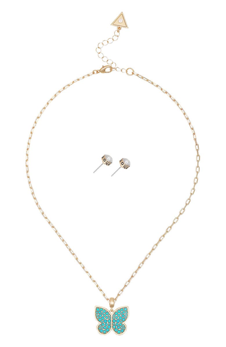 GUESS Butterfly Pendant Necklace & Stud Earrings Set, Alternate, color, Gold/Blue