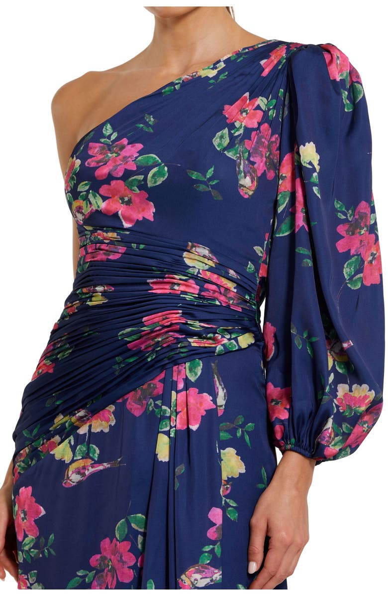 Mac Duggal Floral One-Sleeve Charmeuse Gown with Slit, Alternate, color, Navy Floral