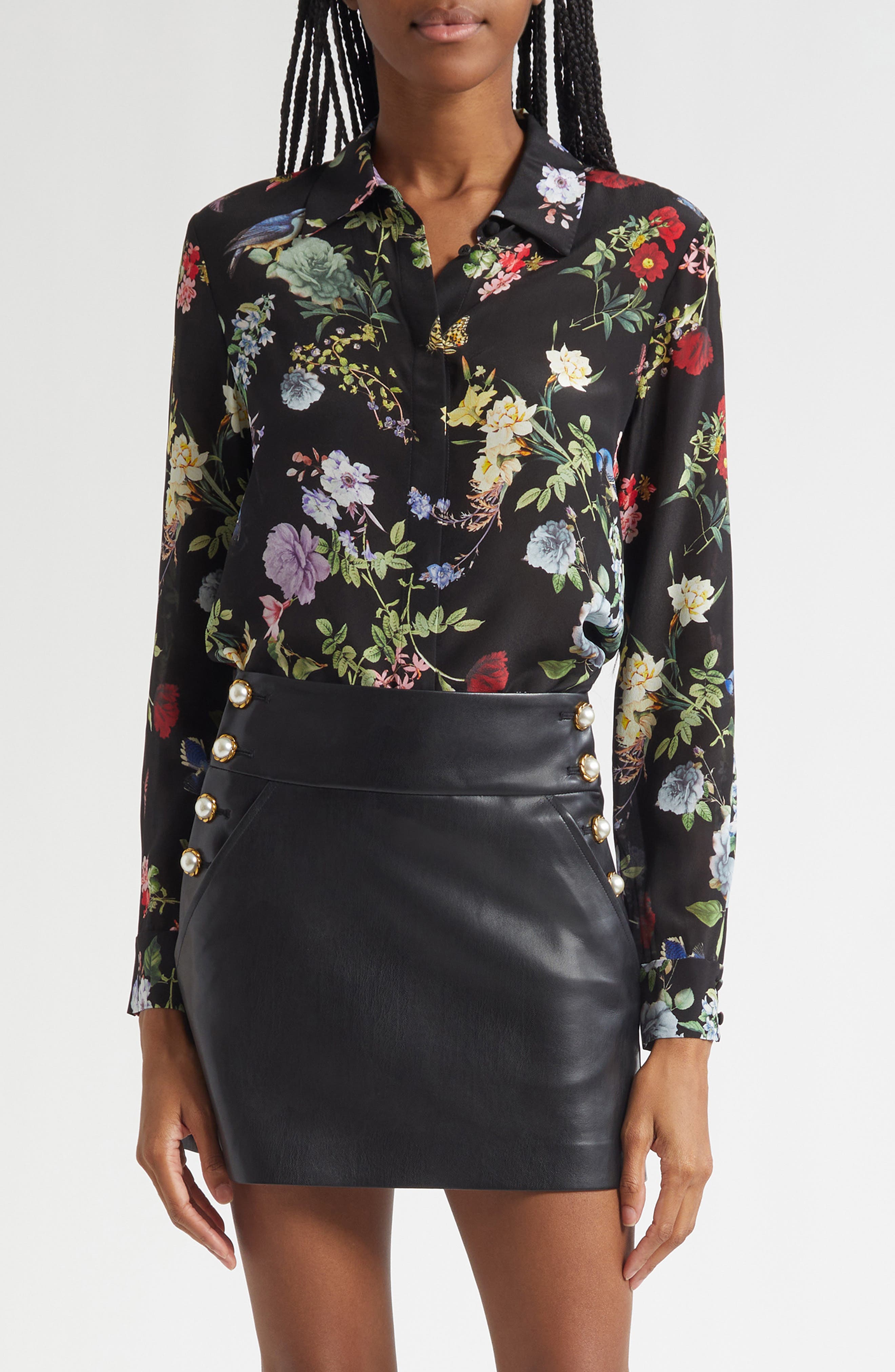 Alice + Olivia Floral Silk Button-Up Shirt