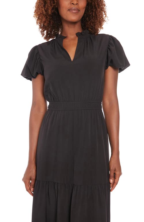 London Times Bubble Sleeve Tiered A-line Maxi Dress In Black