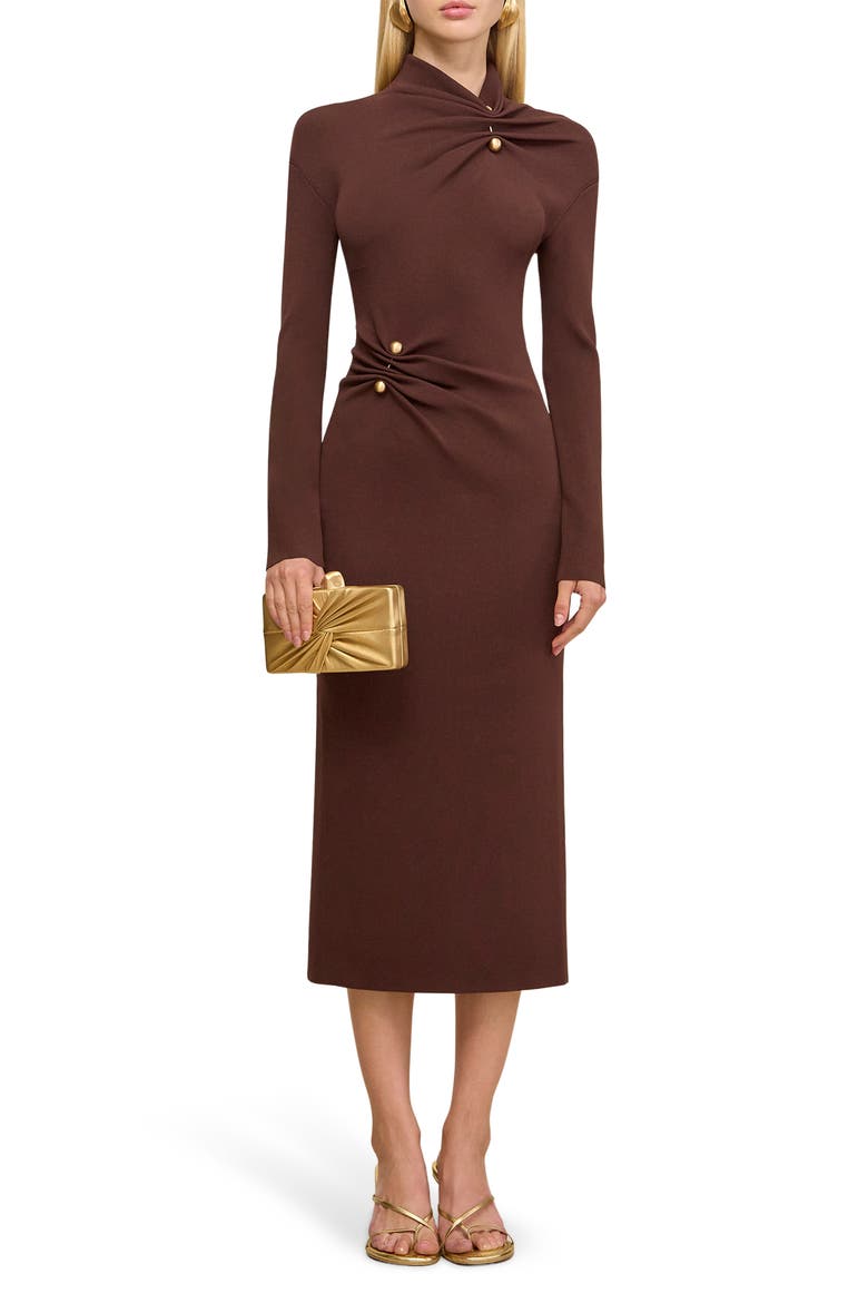 Vera Ruched Mock Neck Long Sleeve Midi Dress, Main, color, JAVA