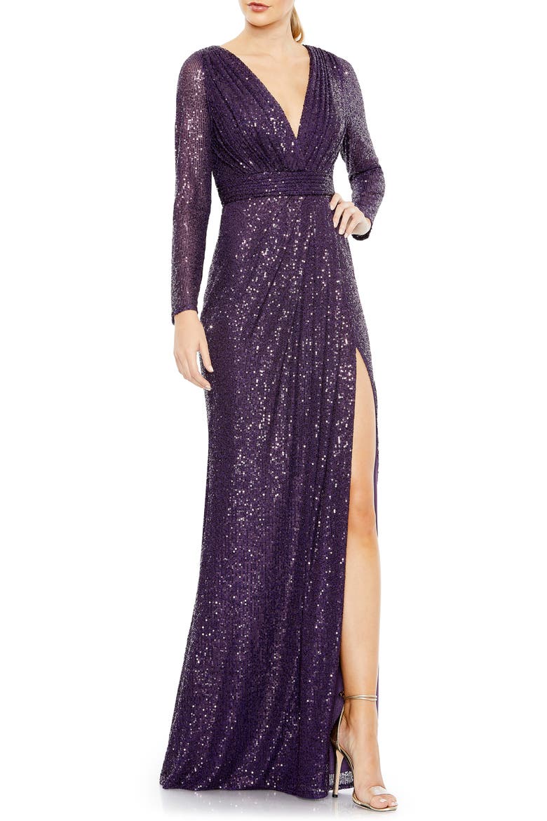 Sequin Long Sleeve Faux Wrap Gown, Main, color, PURPLE