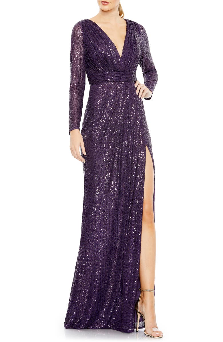 Ieena for Mac Duggal Sequin Long Sleeve Faux Wrap Gown, Main, color, Purple