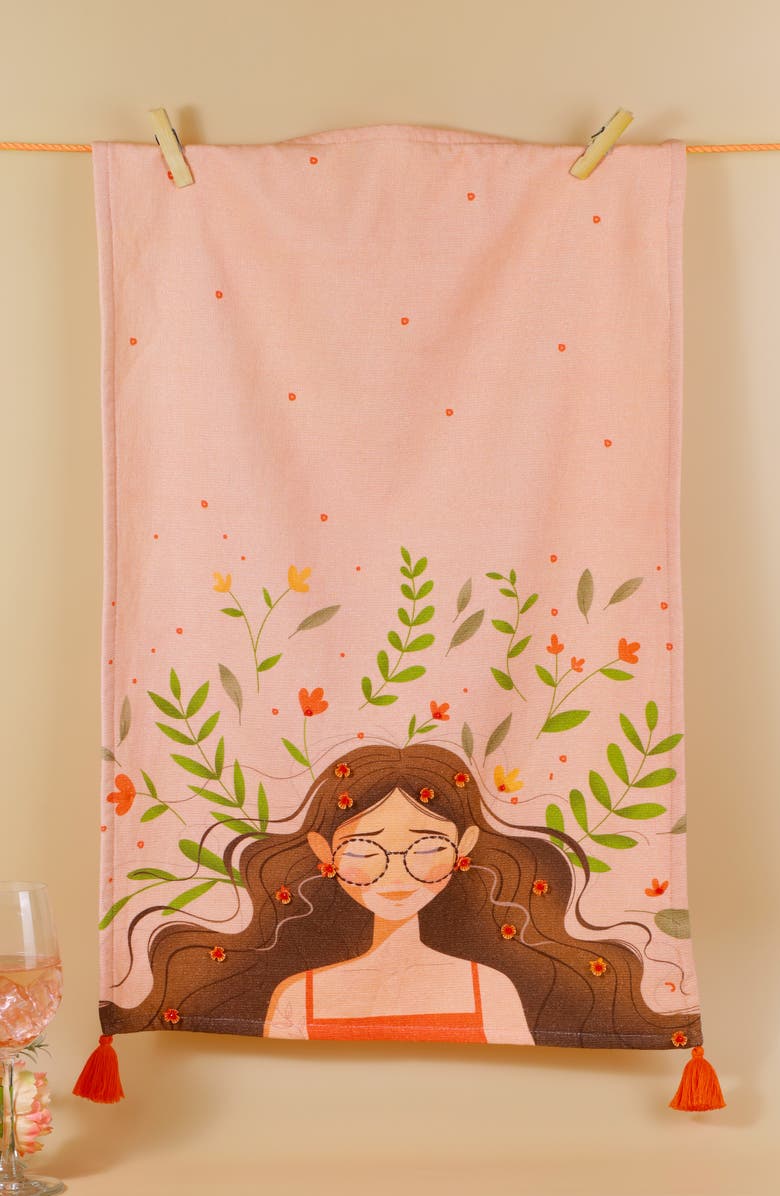 Tiramisu Blush Bloom Set of 3 Cotton Kitchen Towels, Alternate, color, Pink/ Orange/ Green