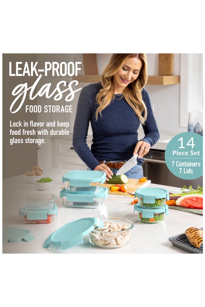 14-Piece Leak Proof Glass Food Storage Set, Alternate, color, AQUA