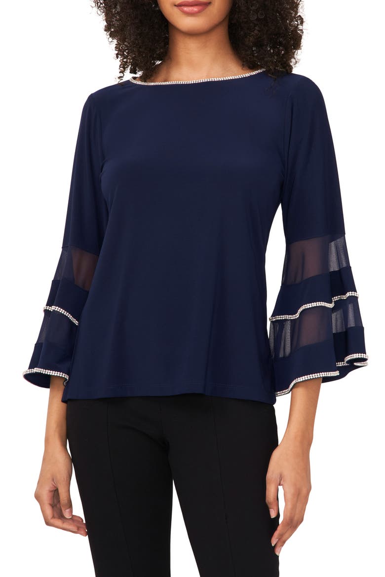 Rhinestone Illusion Bell Sleeve Blouse, Main, color, NAVY