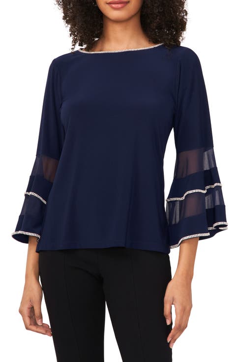 Rhinestone Illusion Bell Sleeve Blouse