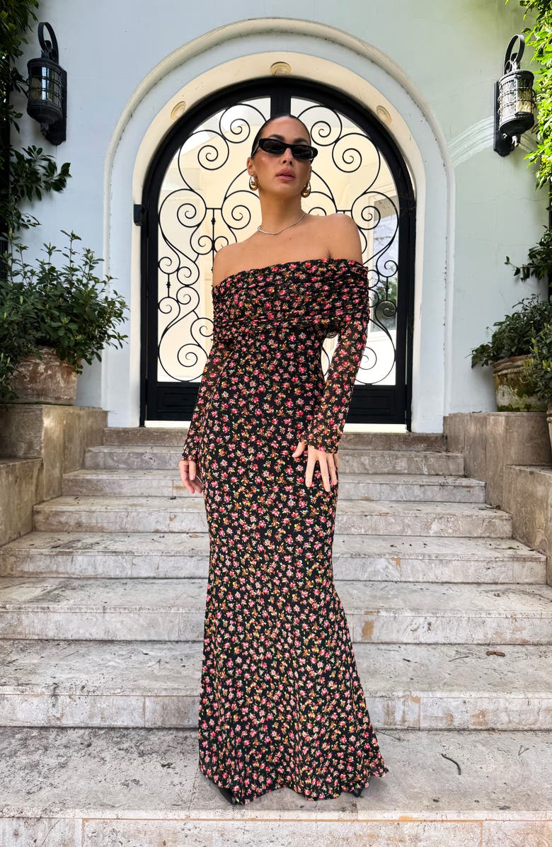 AFRM Thelma Print Off the Shoulder Long Sleeve Mesh Maxi Dress, Alternate, color,