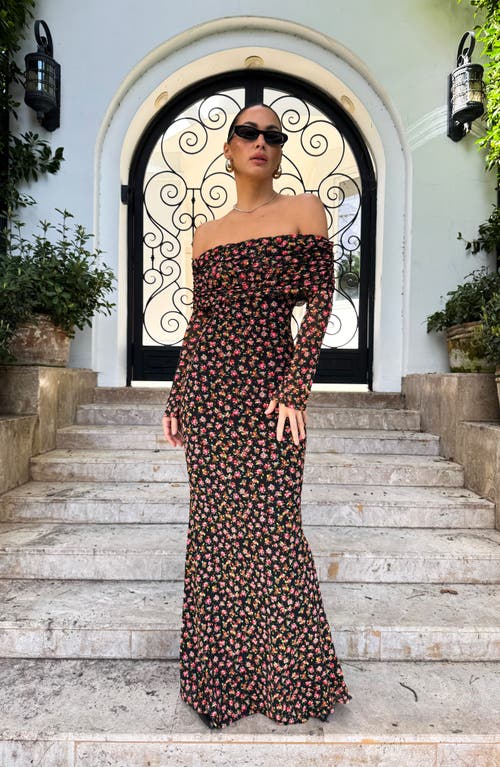 Afrm Thelma Print Off The Shoulder Long Sleeve Mesh Maxi Dress