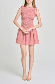 WAYF Esme Gingham Smocked Bodice Drop Waist Minidress
