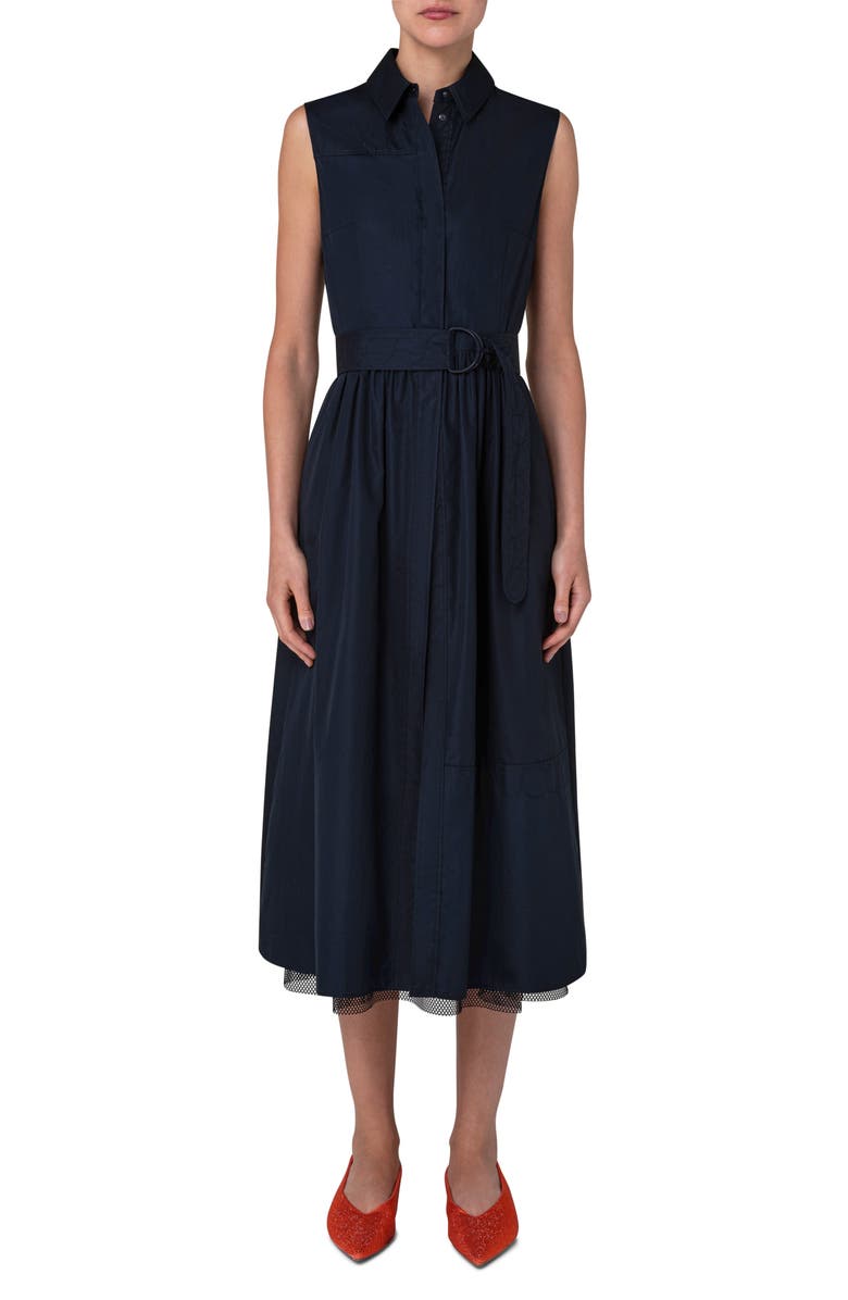 Akris punto Belted Poplin & Layered Mesh Midi Shirtdress, Main, color,