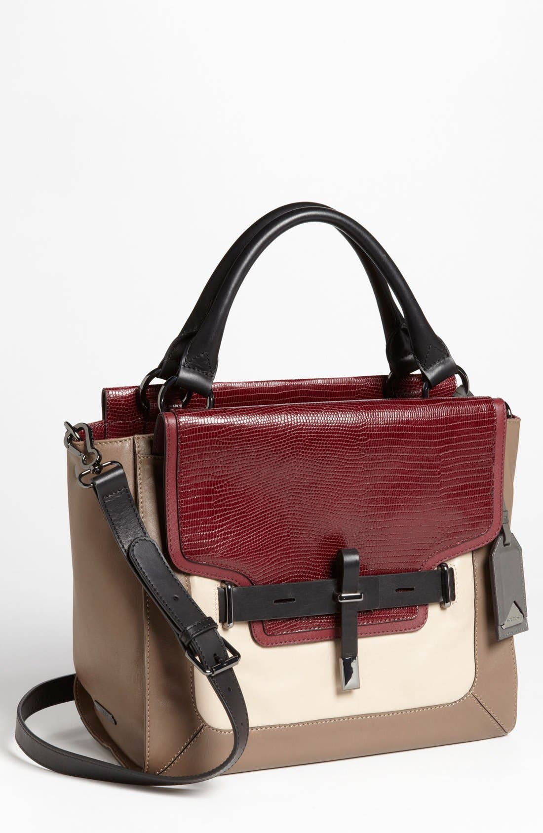 'Max' Leather Satchel, Medium, Main, color, STONE/ WINE/ BLACK