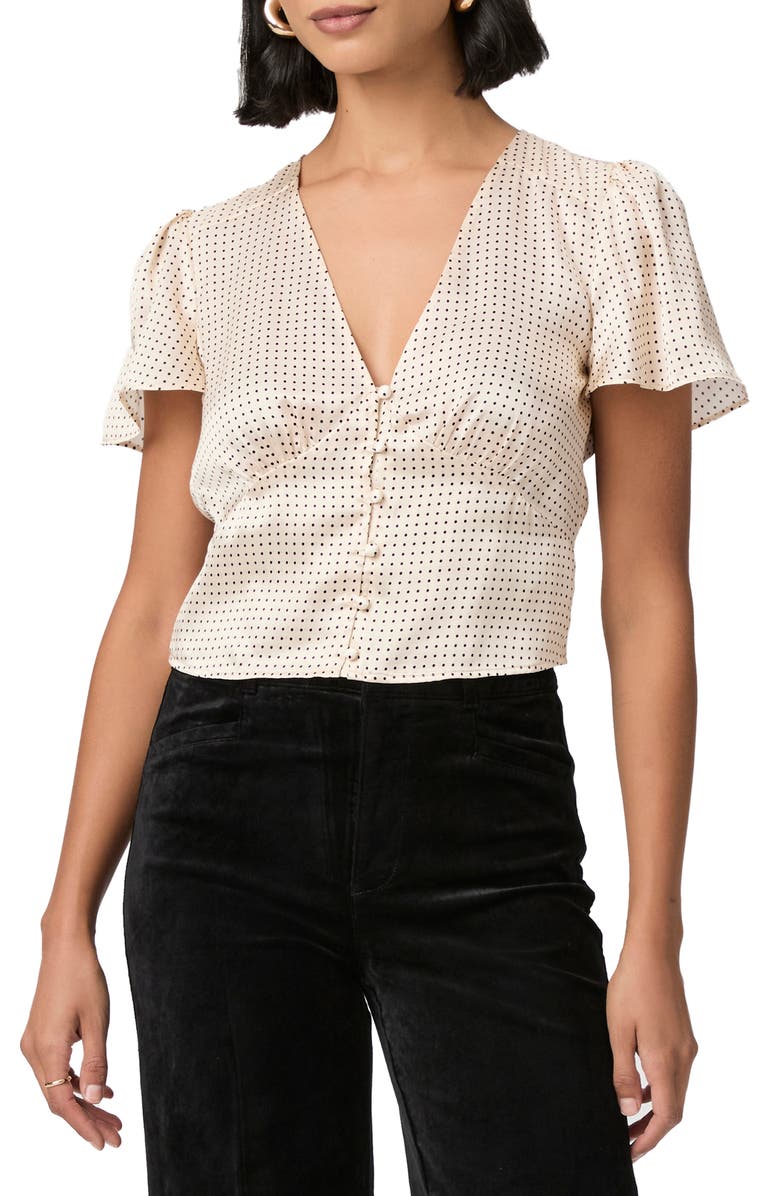 PAIGE Miso Polka Dot Crop Button Front Silk Top, Main, color,