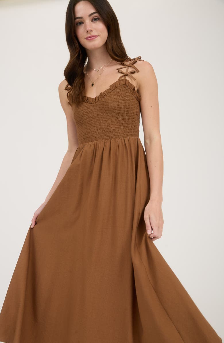 Blu Pepper Bow Strap Smocked Fit & Flare Midi Dress, Alternate, color, Brown