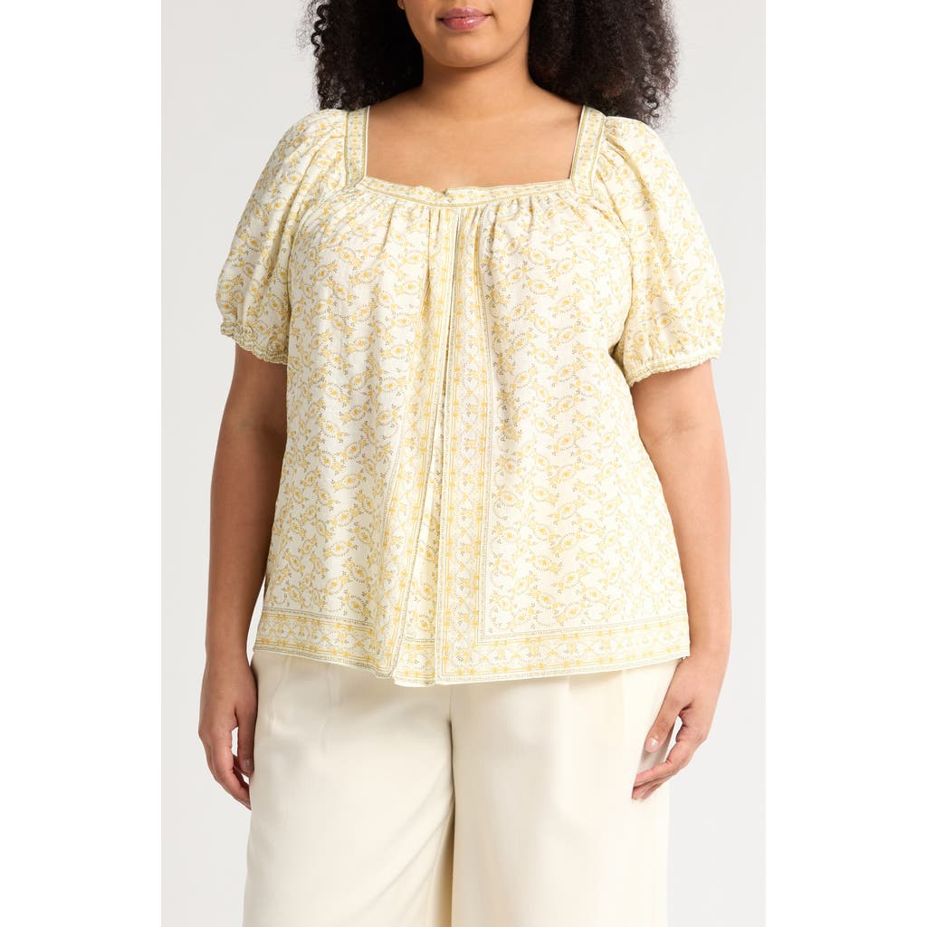 Max Studio Square Neck Puff Sleeve Cotton Blend Top In Cream/yellow Prty Ltl Wreath