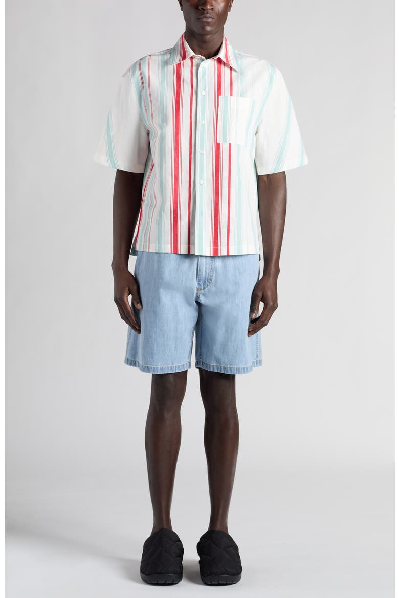 Multicolor Variegated Stripe Cotton & Linen Short Sleeve Button-Up Shirt, Alternate, color, 1979 MINT/ RED