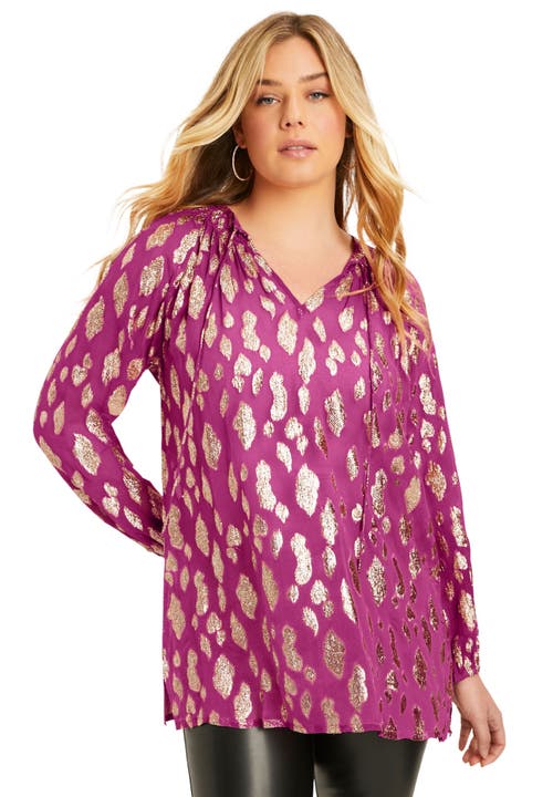 June + Vie Metallic Print Blouse In Pink