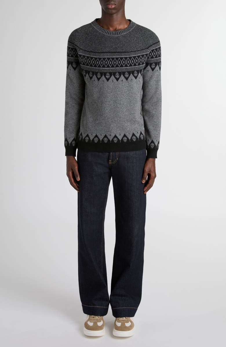 McQueen Skull Fair Isle Wool Crewneck Sweater, Alternate, color, Greymel/ Black