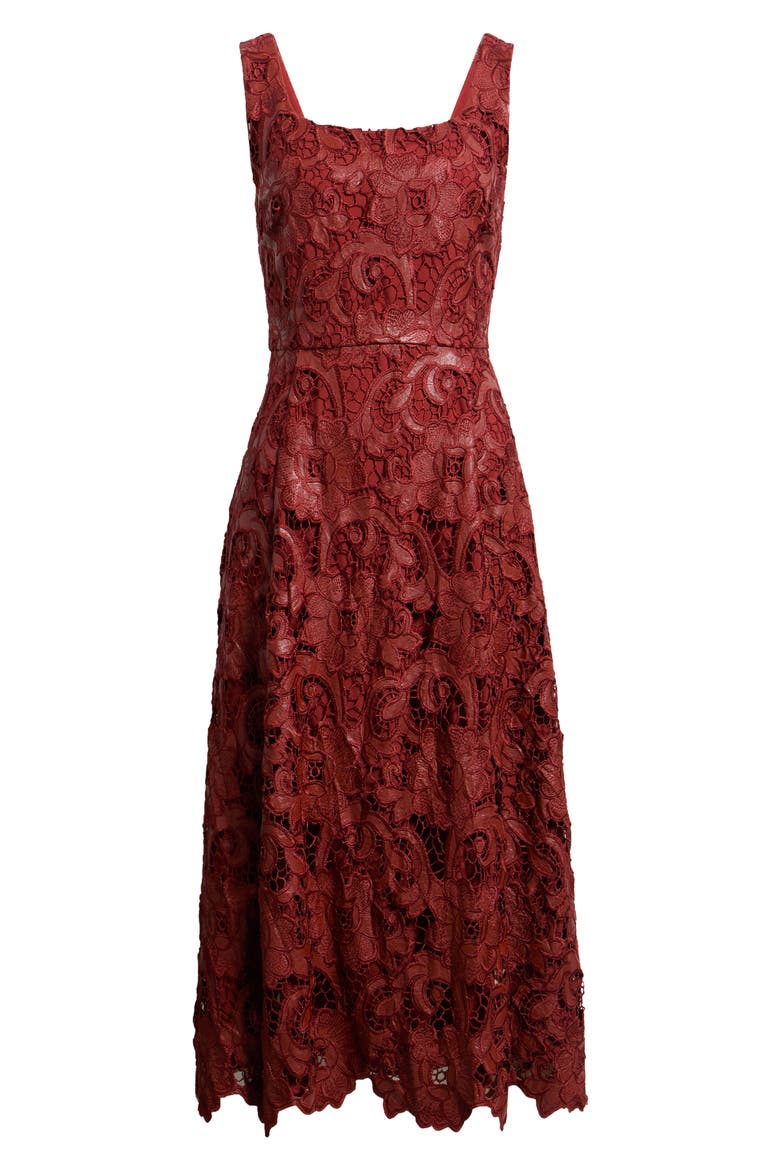 The Chayanne Faux Leather Floral Lace Midi Dress, Alternate, color, TOASTED SAFFRON