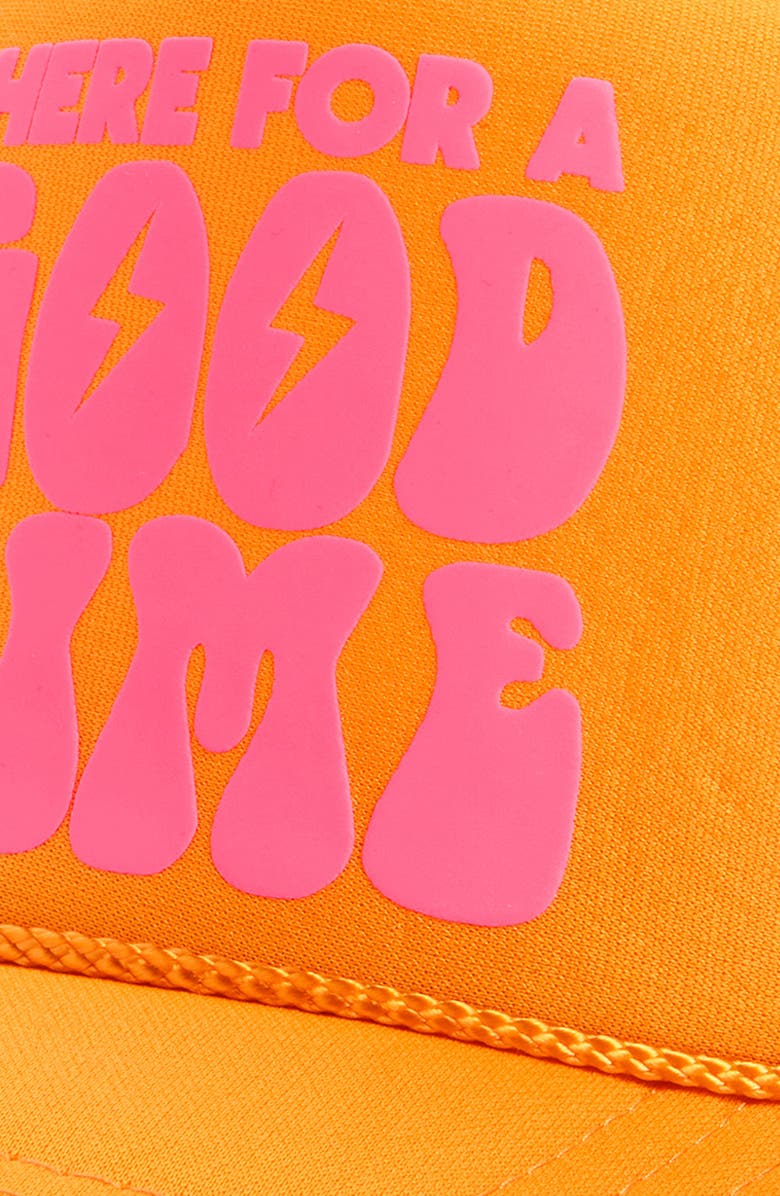 Local Beach Here For a Good Time Trucker Hat, Alternate, color, Gold/ Neon Pink