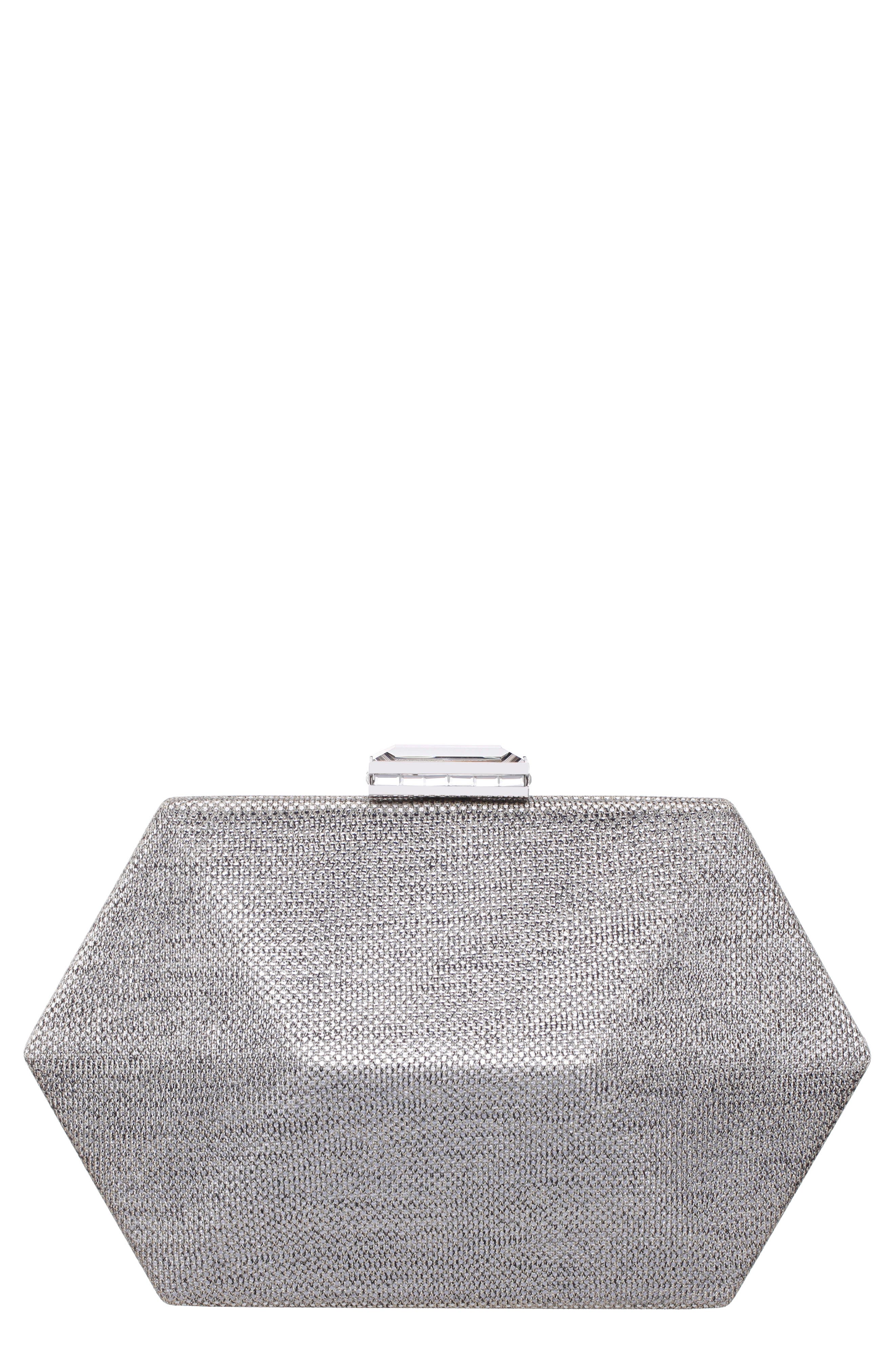 Nina Metallic Hex Minaudiere, Main, color, Dark Silver