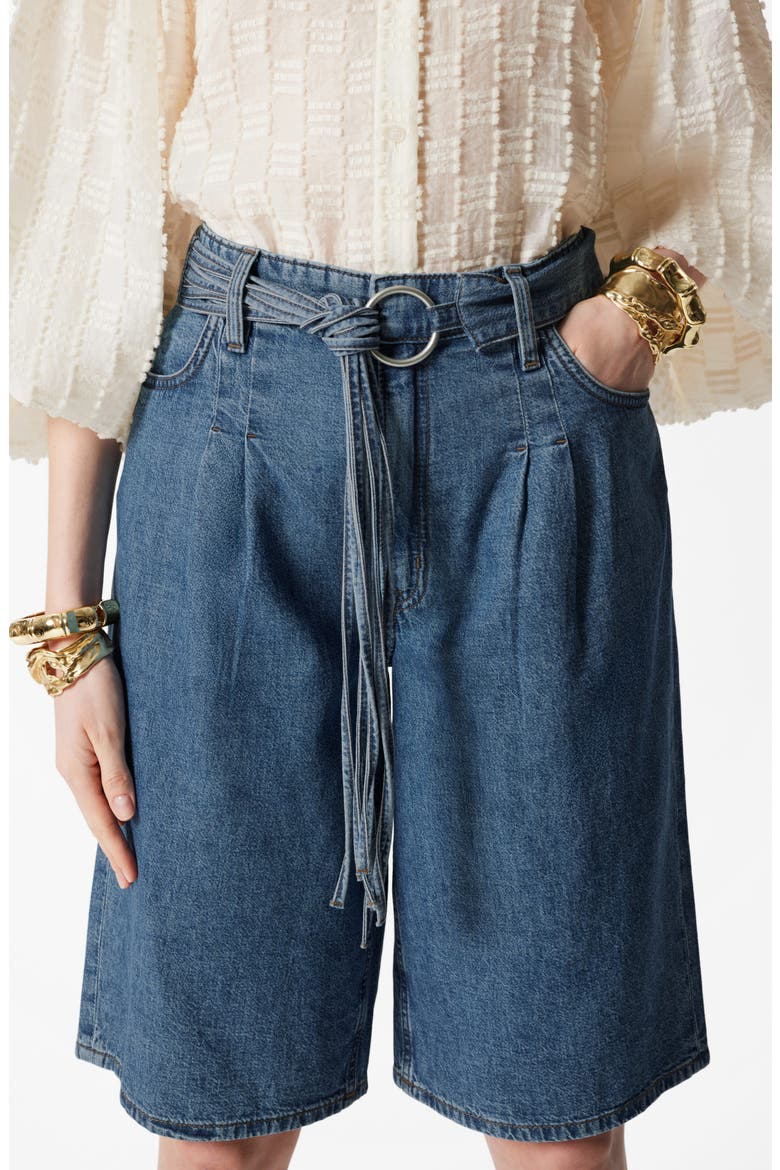 Belted Longer Length Denim Shorts, Alternate, color, BLUE MEDIUM DUSTY