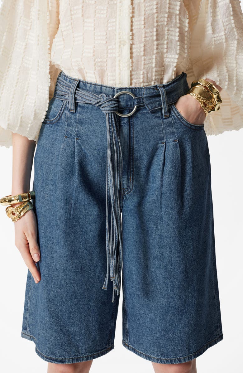 & Other Stories Belted Longer Length Denim Shorts, Alternate, color, Blue Medium Dusty