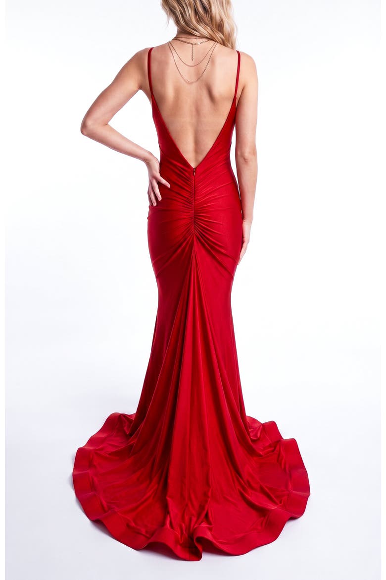 Cowl-Neck Open-Back Mermaid Gown, Alternate, color, Red